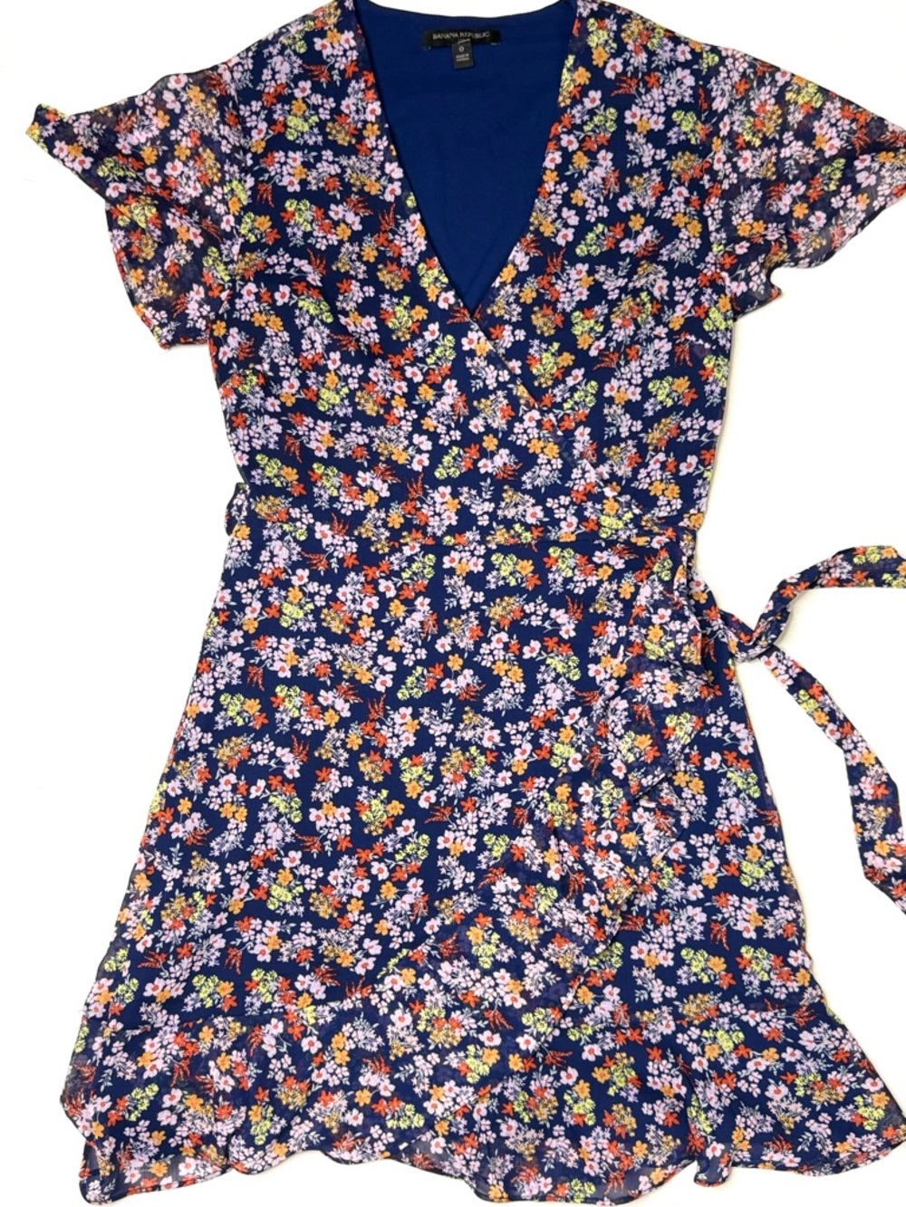 Banana Republic Navy Floral Wrap Dress with Ruffle Hem Size 0
